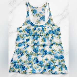 Abercrombie & Fitch Blue Floral Ruffle Tank Top Racerback Babydoll Cami Medium